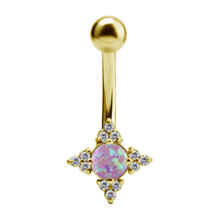 Kolczyk do pępka stal chirurgiczna 316L, 24K złoto PVD, 12 cyrkonii i lab. kreowany opal koloru różowego