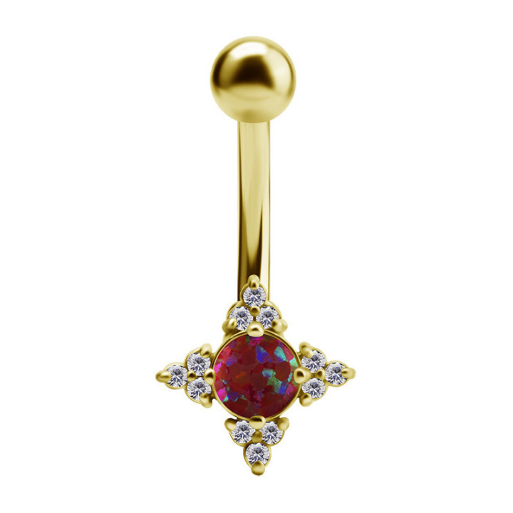 Kolczyk do pępka stal chirurgiczna 316L, 24K złoto PVD, 12 cyrkonii i lab. kreowany opal koloru czerwonego.