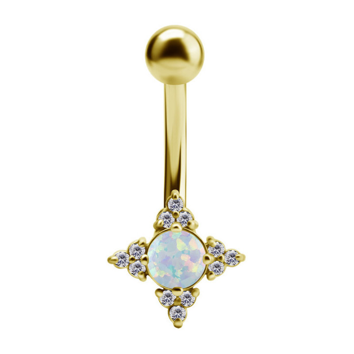 Kolczyk do pępka stal chirurgiczna 316L, 24K złoto PVD, 12 cyrkonii i lab. kreowany opal koloru białego.
