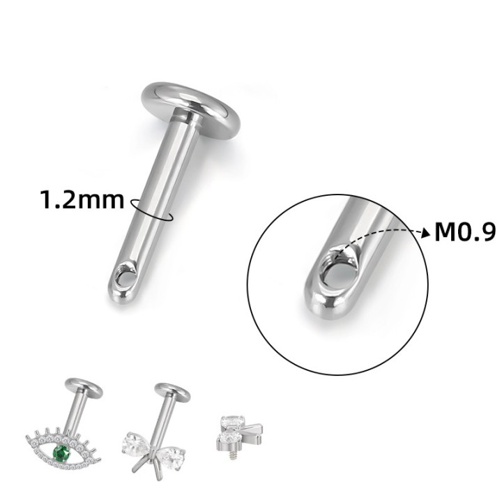 Tytanowy pret labreta z bocznym gwintem (0,9mm) Kolor tytanowy.